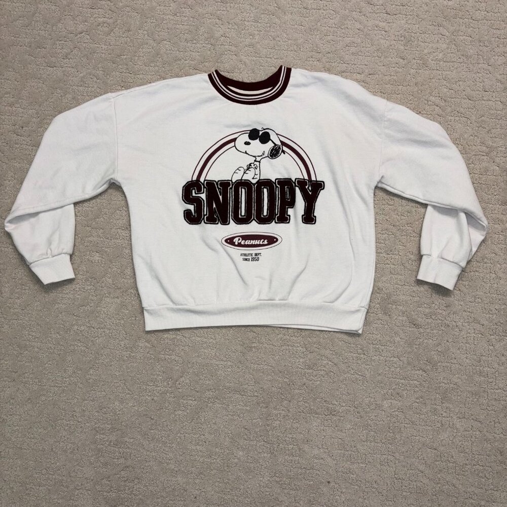 Peanuts Snoopy Sweatshirt Small White Vintage Look Varsity Striped Crew Neck